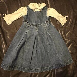Vintage Baby Gap Y2K Pleated Sleeveless Denim Dress + White Bell Sleeve Shirt 3T